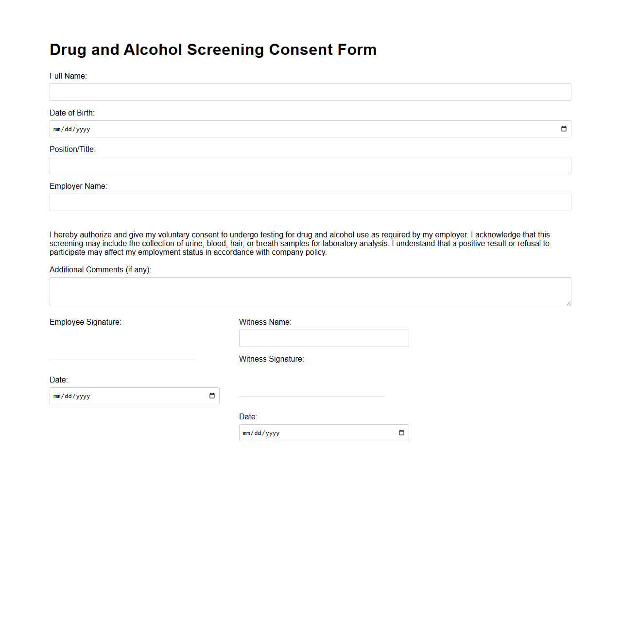 Drug and Alcohol Screening Consent Form