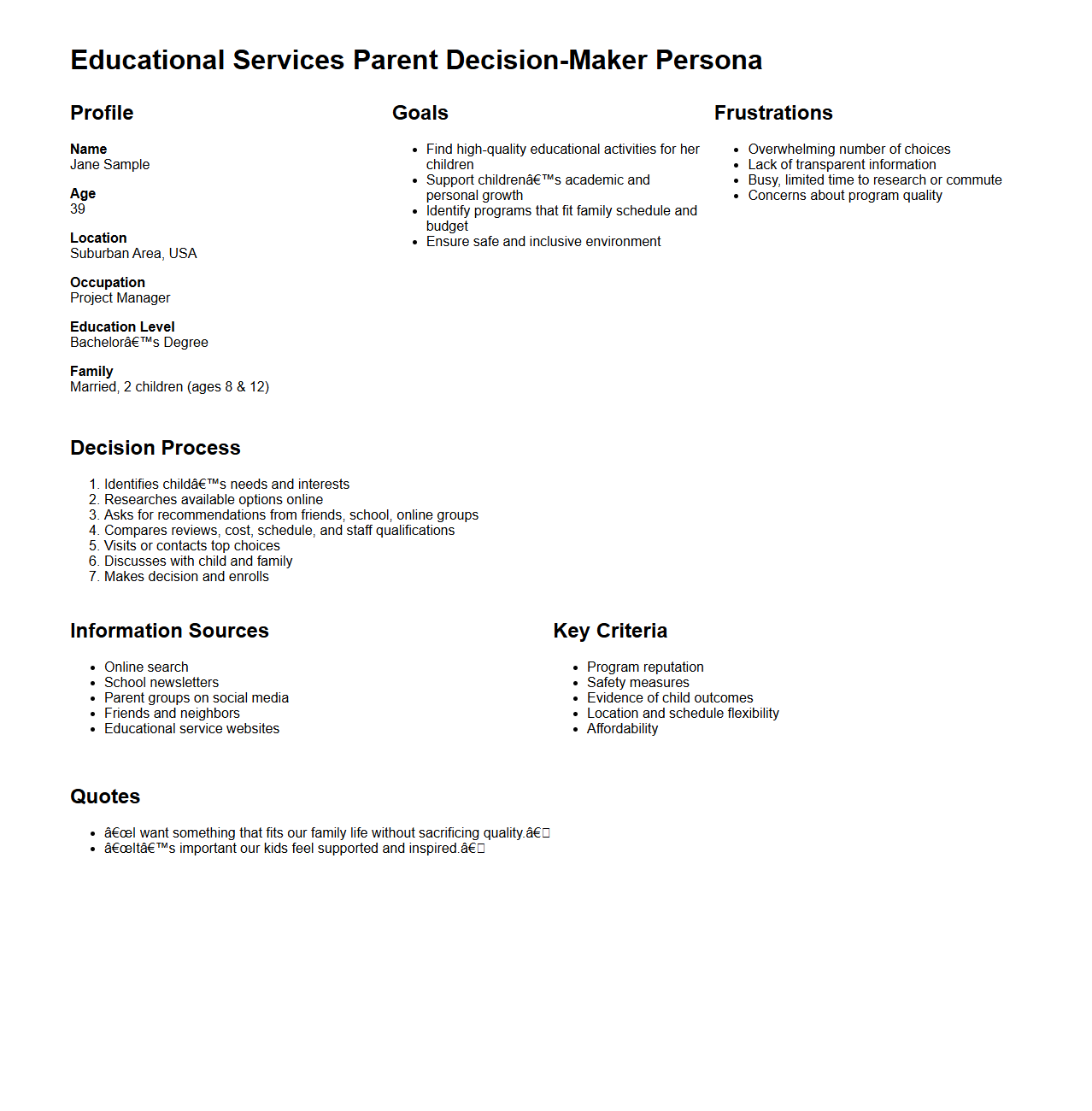 Educational Services Parent Decision-Maker Persona
