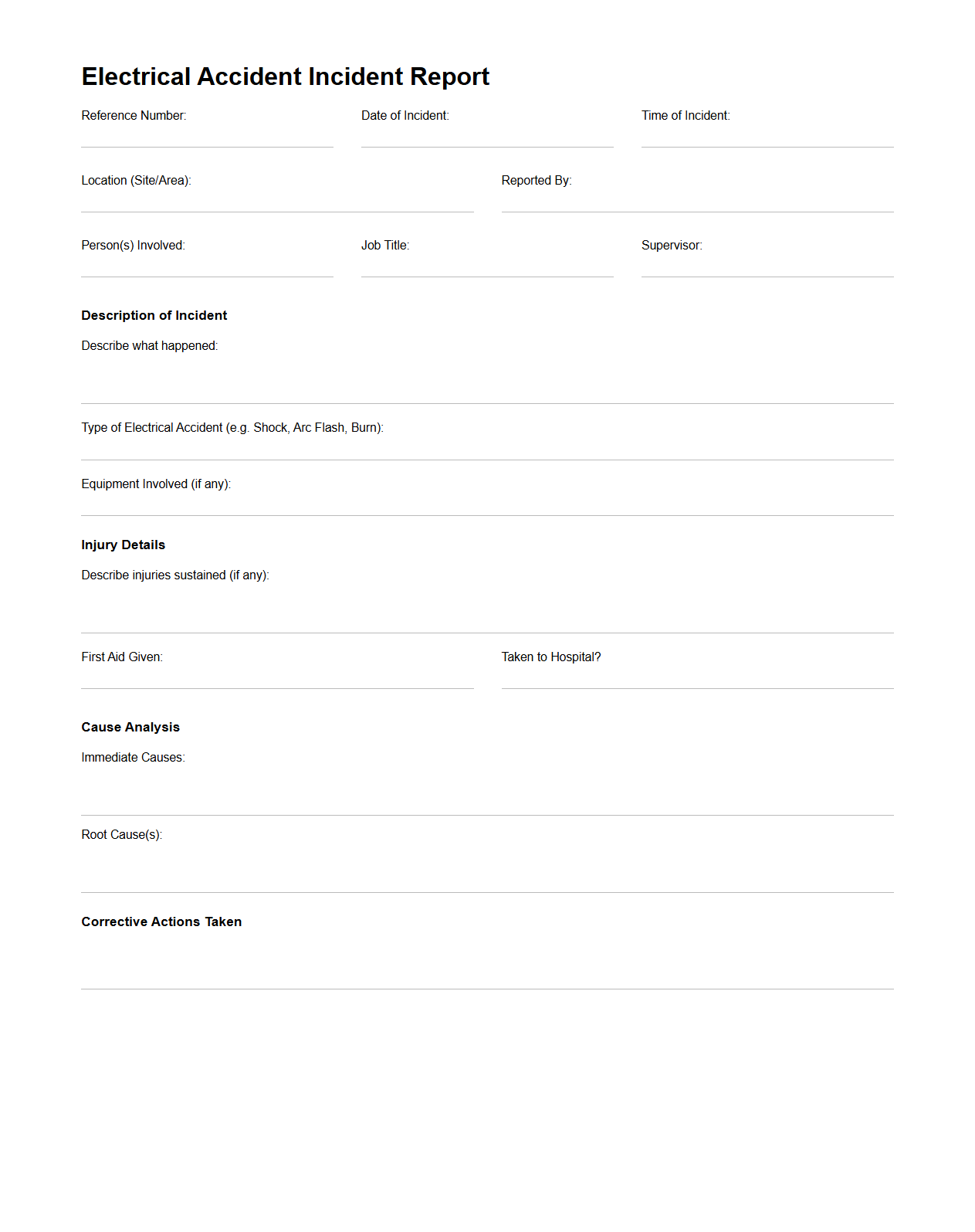 Electrical Accident Incident Report Example for Construction