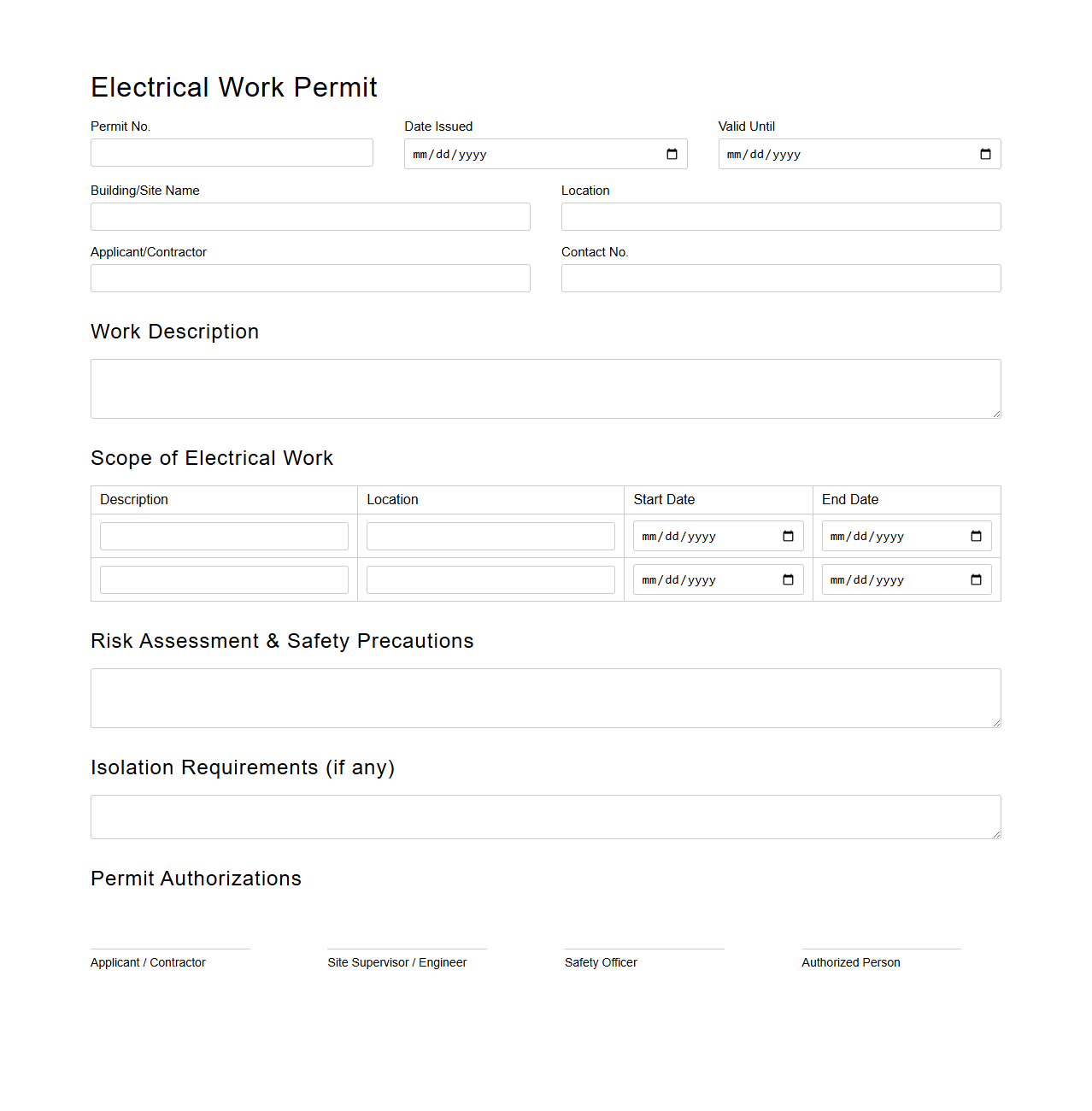 Electrical Work Permit Example for Building Sites
