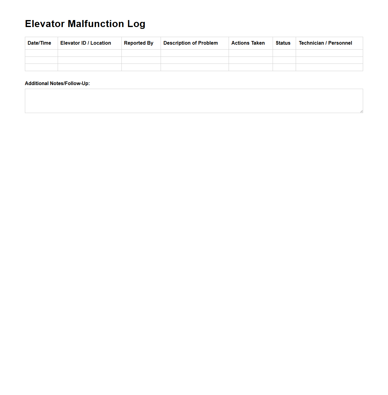 Elevator Malfunction Log Sample for Hotel Facility Management