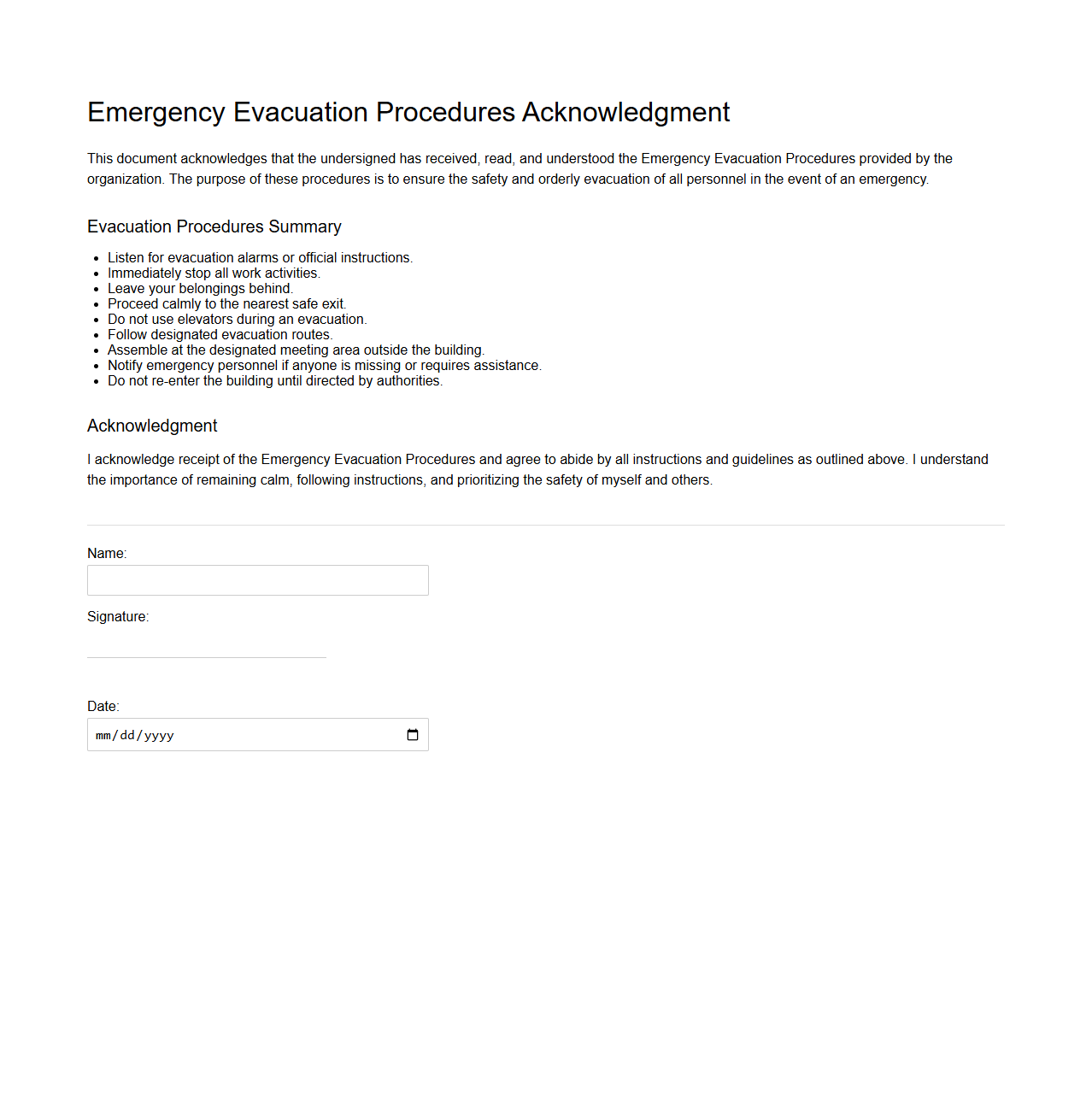 Emergency Evacuation Procedures Acknowledgment