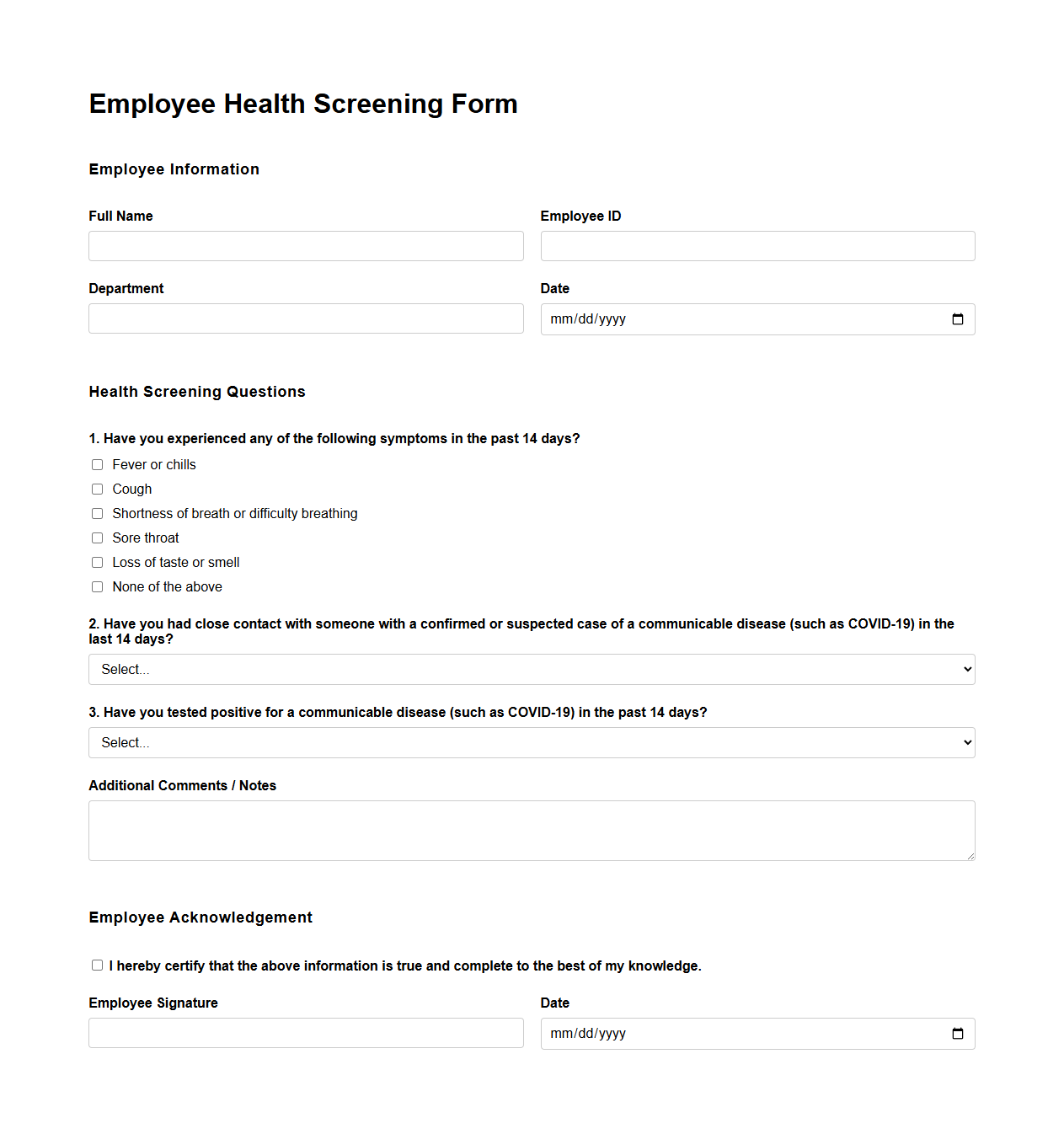 Employee Health Screening Form Sample