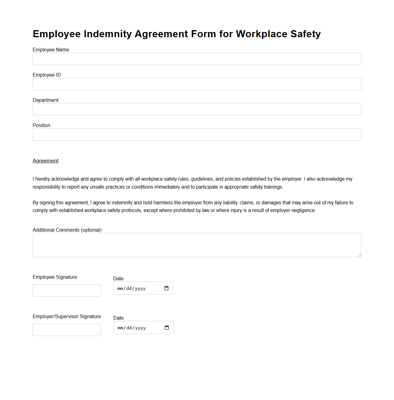 Employee Indemnity Agreement Form for Workplace Safety