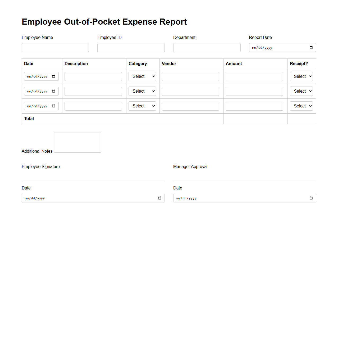 Employee Out-of-Pocket Expense Report Layout
