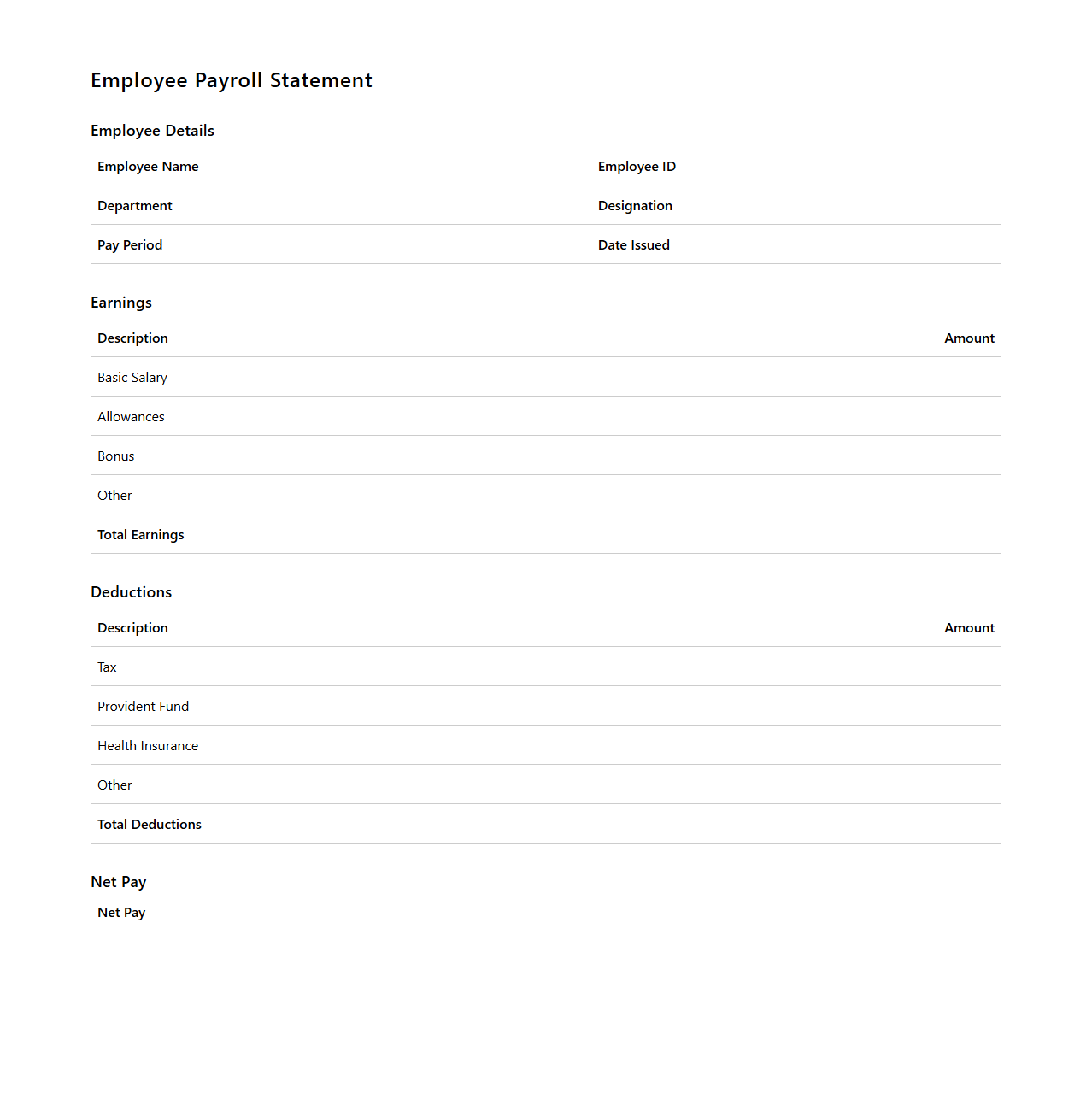 Employee Payroll Statement Sample