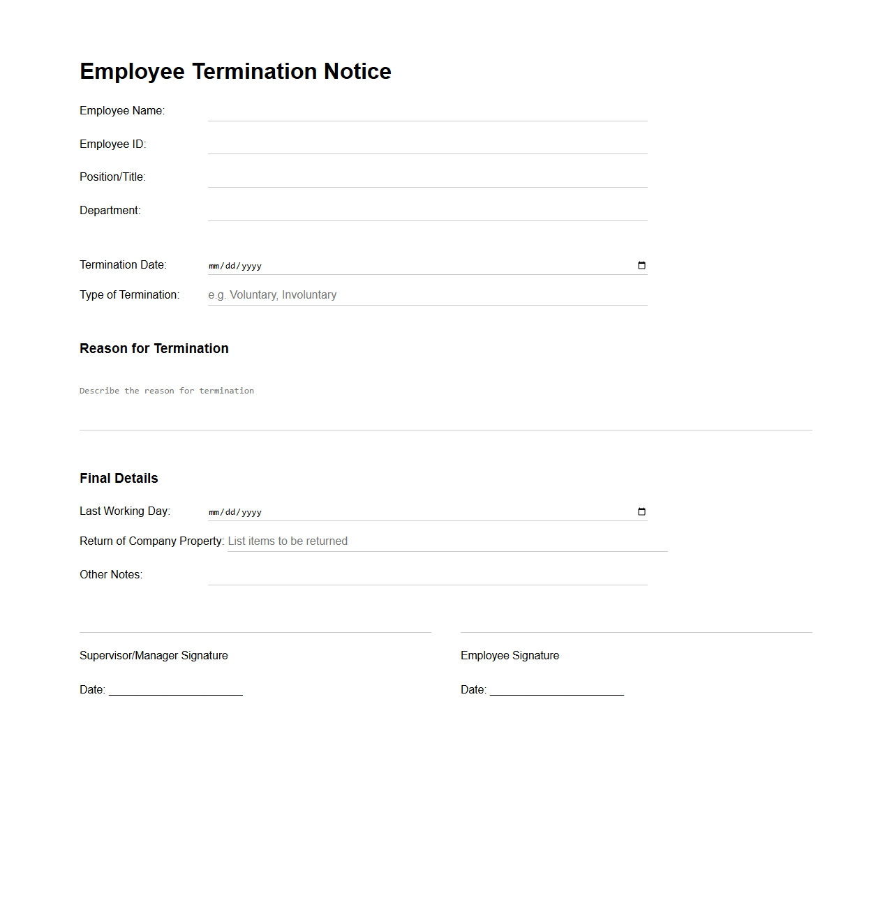 Employee Termination Notice Template