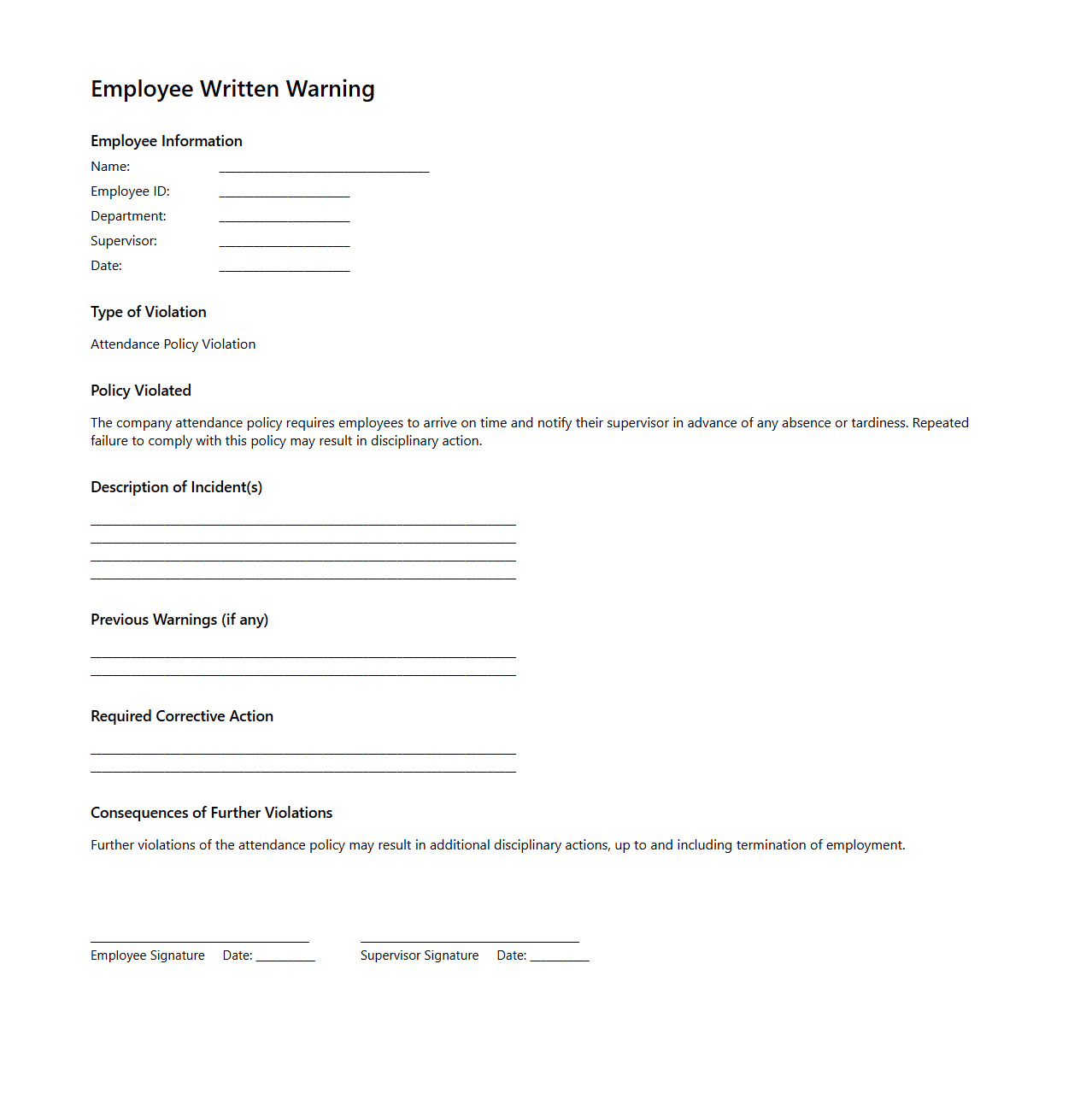 Employee Written Warning for Attendance Policy Violation