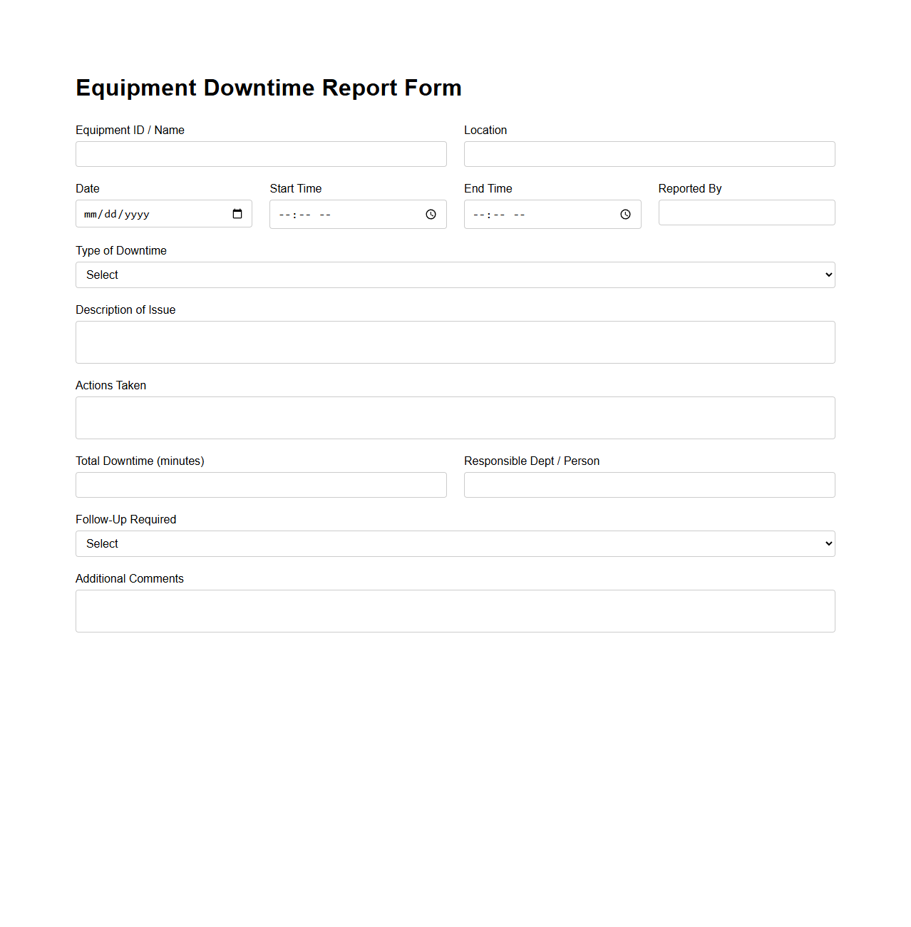 Equipment Downtime Report Form for Manufacturing Facilities