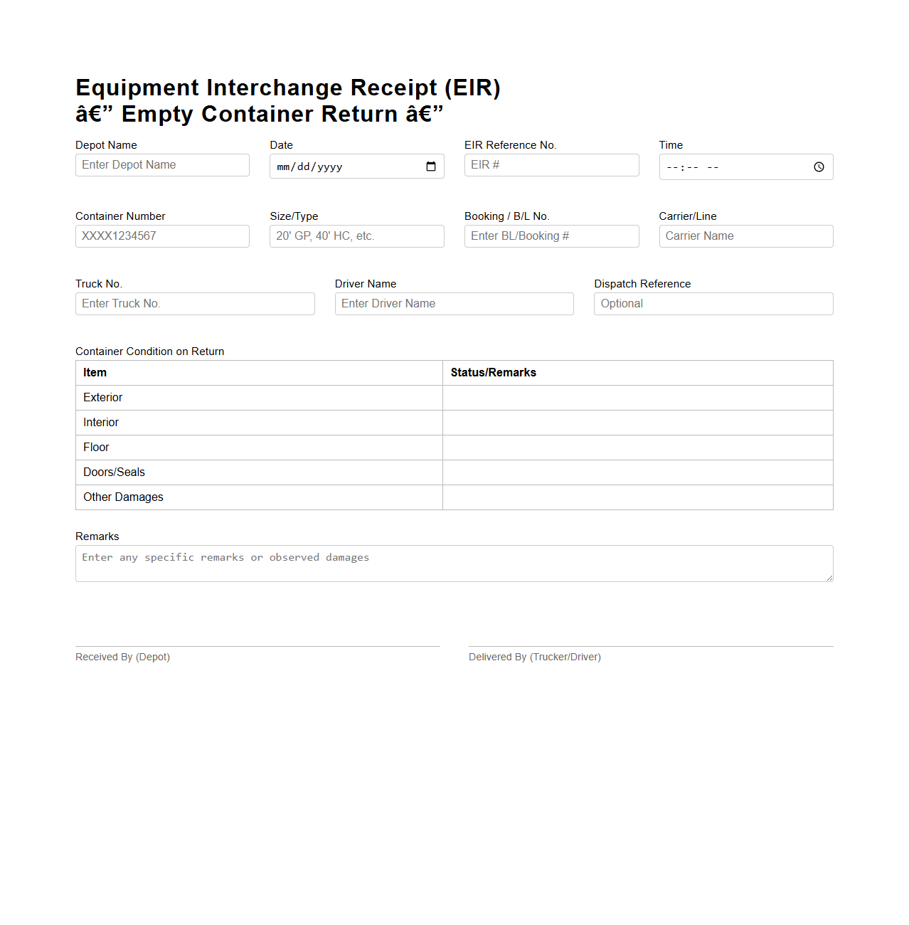 Equipment Interchange Receipt (EIR) Sample for Empty Returns