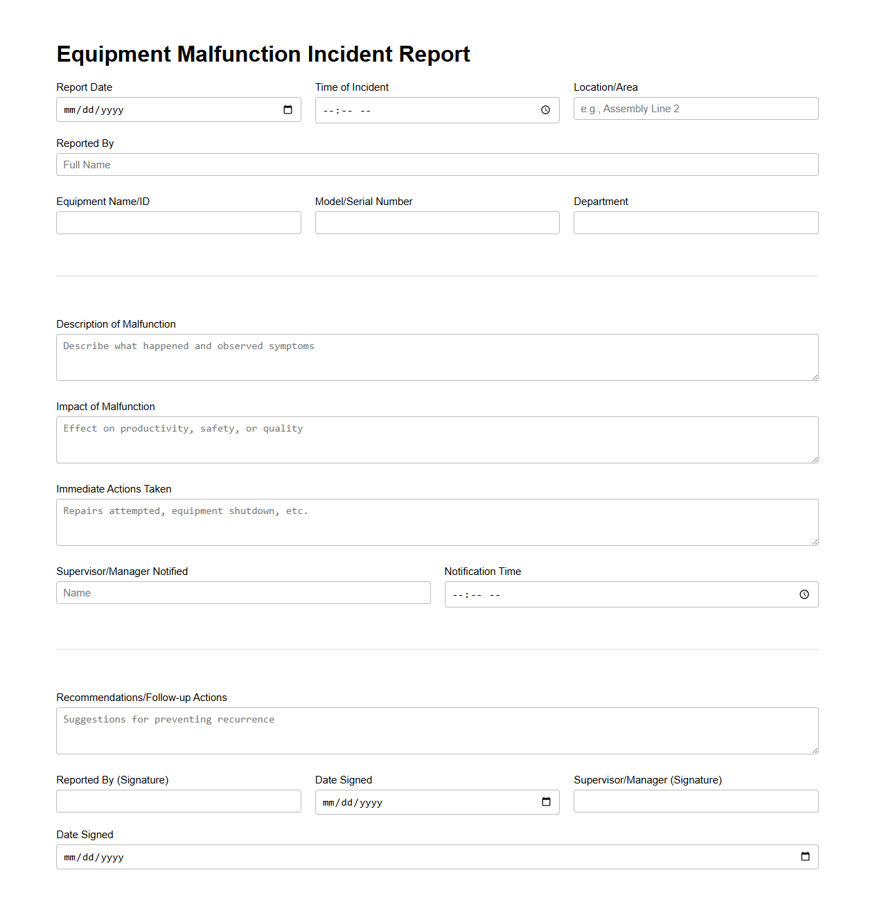 Equipment Malfunction Incident Report Sample for Manufacturing