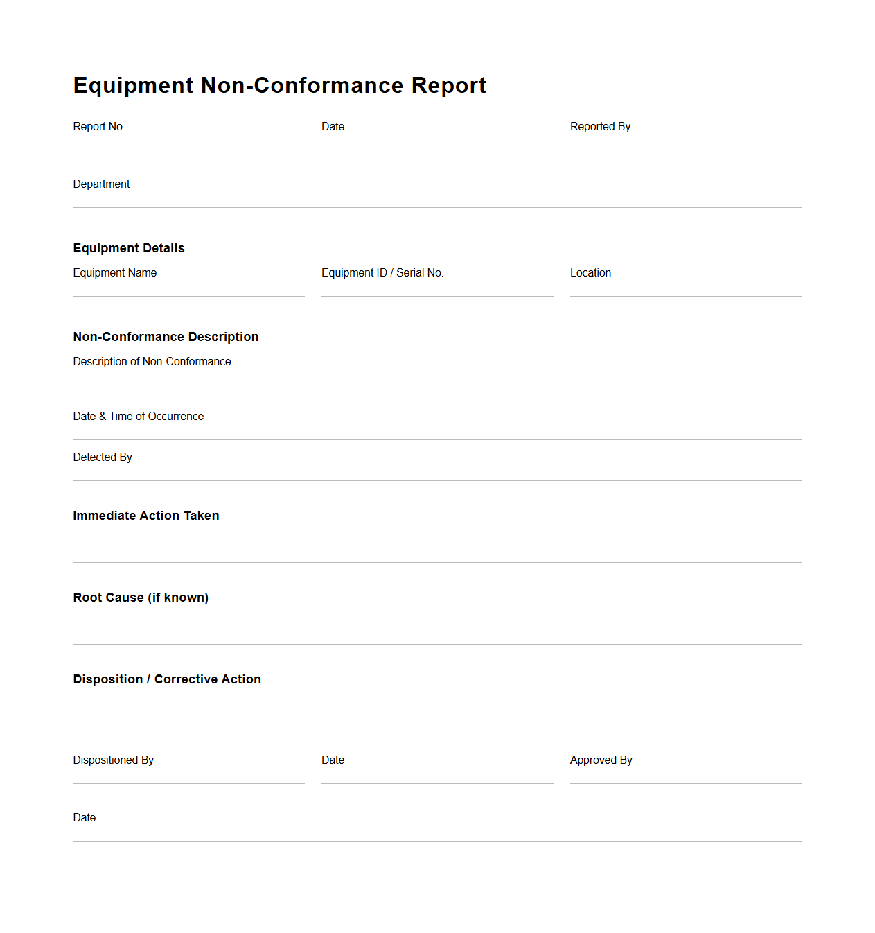 Equipment Non-Conformance Report Document