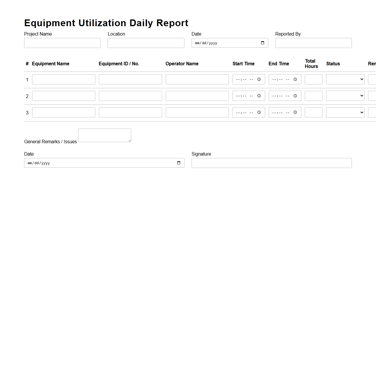 Equipment Utilization Daily Report for Projects