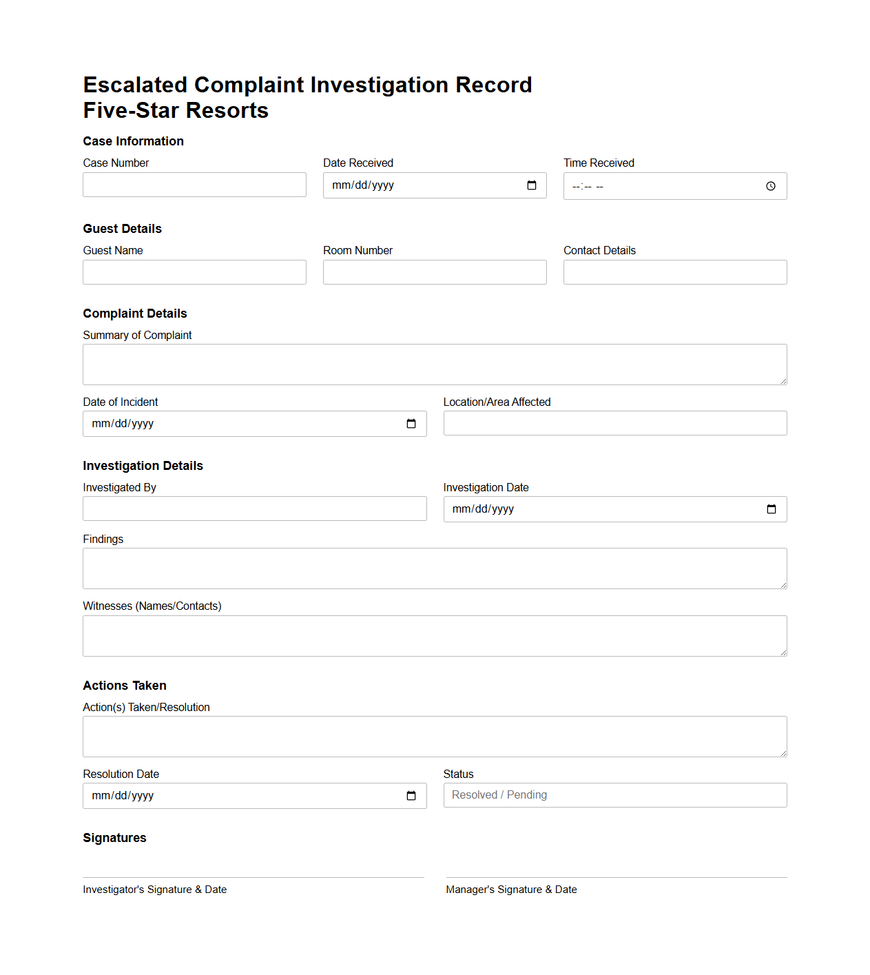 Escalated Complaint Investigation Record for Five-Star Resorts