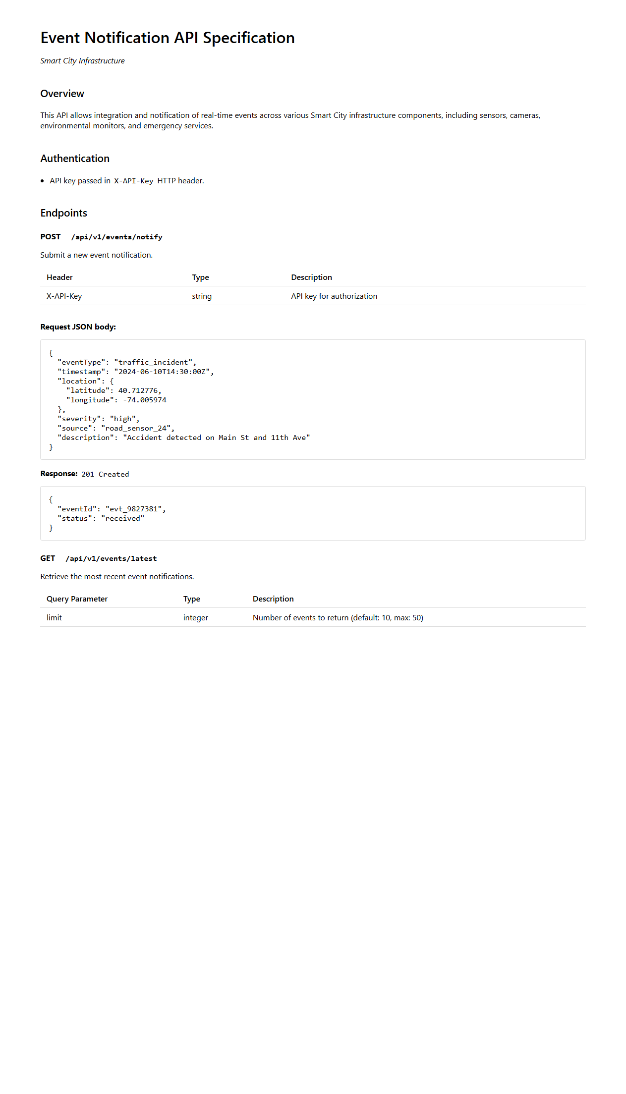 Event Notification API Specification for Smart City Infrastructure