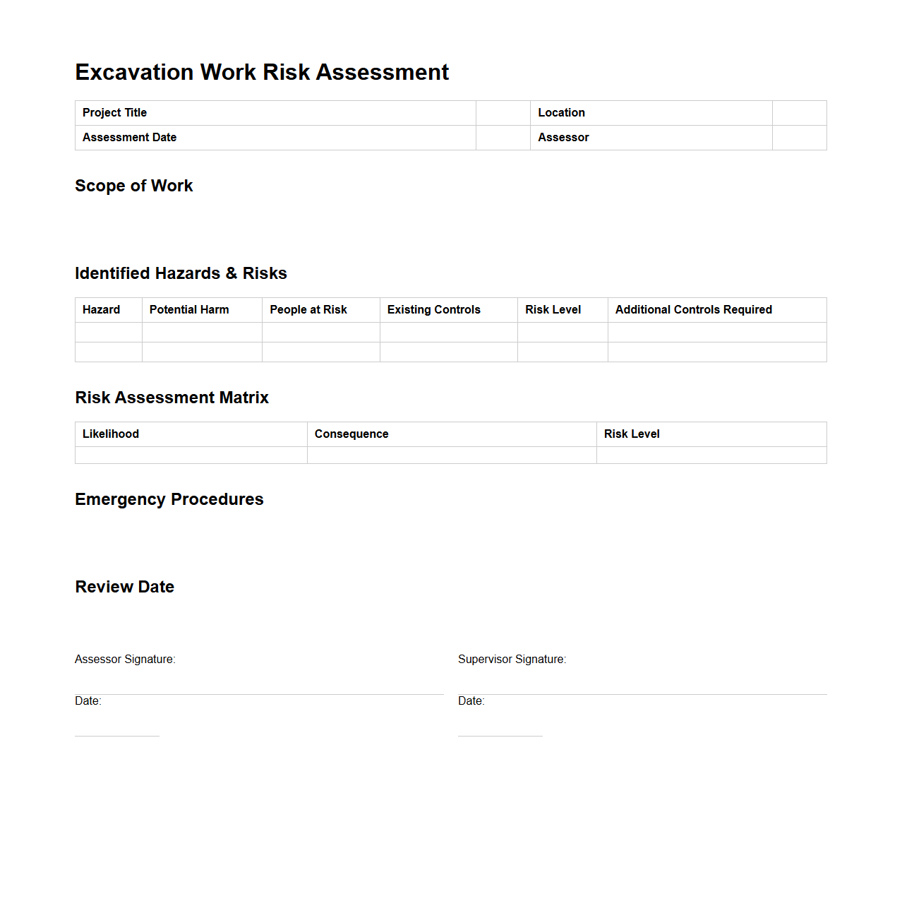 Excavation Work Risk Assessment Document