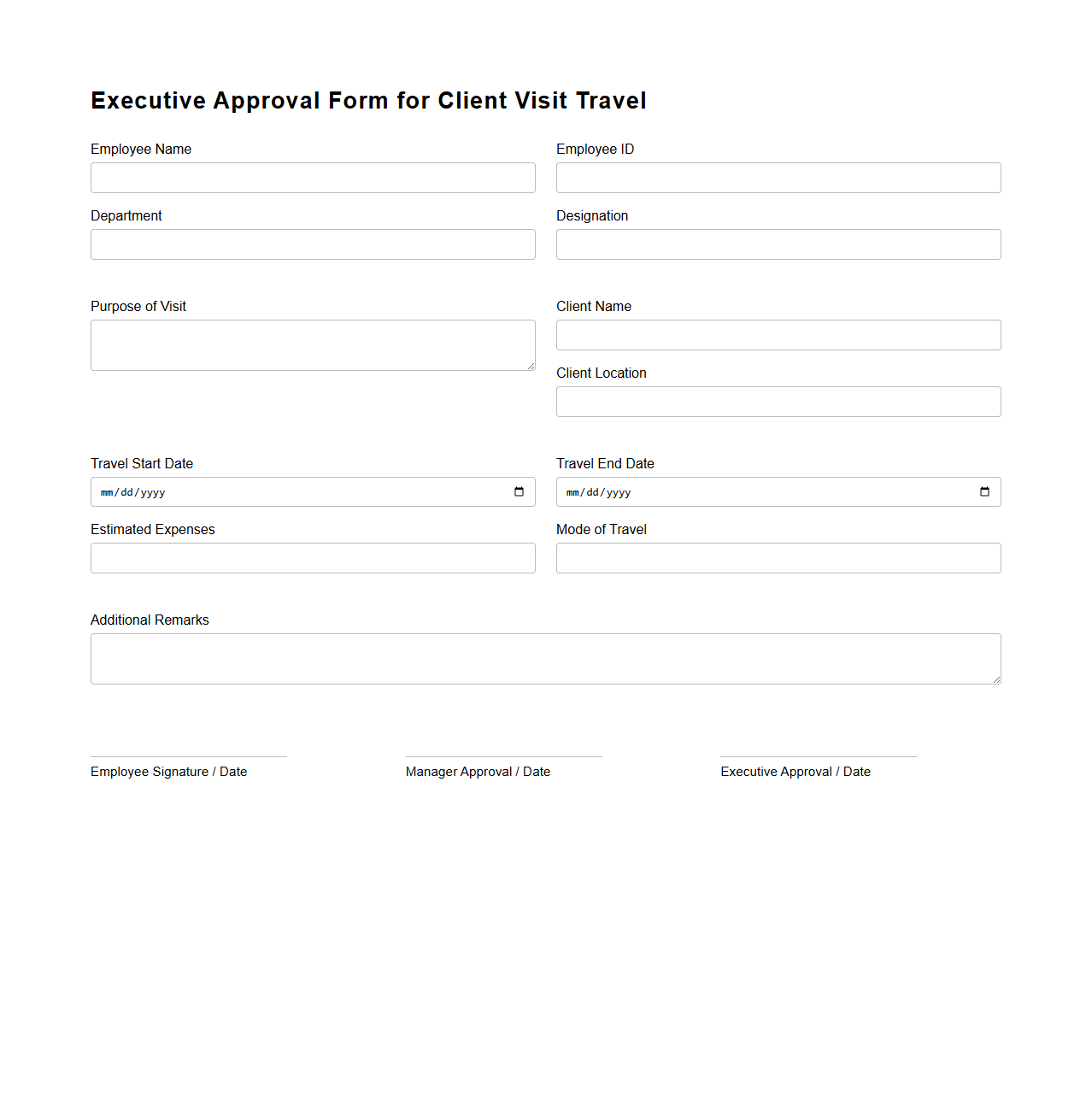 Executive Approval Form for Client Visit Travel