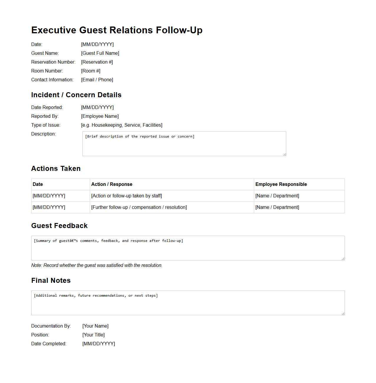 Executive Guest Relations Follow-Up Documentation Example