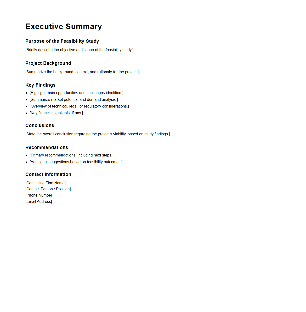 Executive Summary Layout for Feasibility Study in Consulting