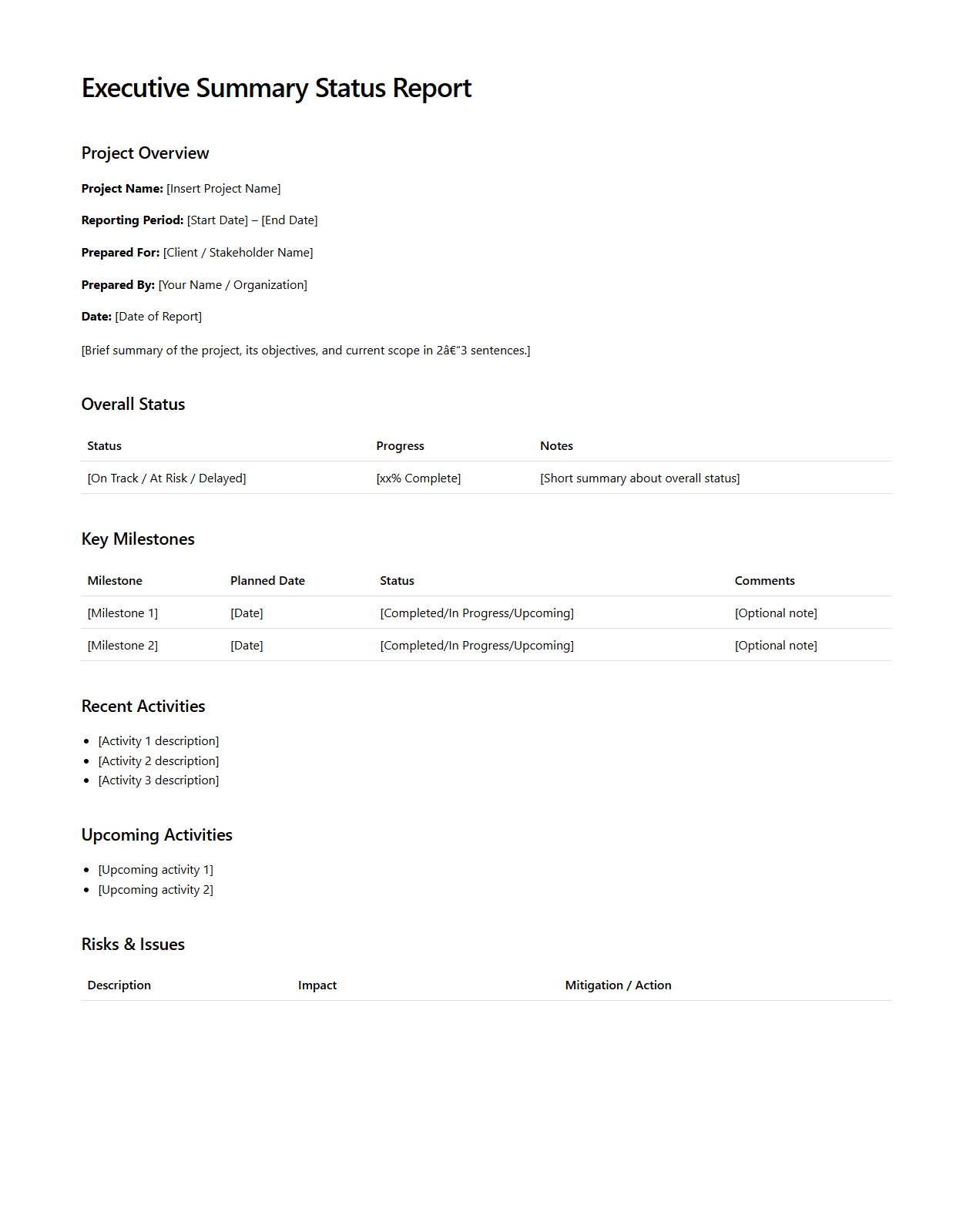 Executive Summary Status Report Example for Client Updates