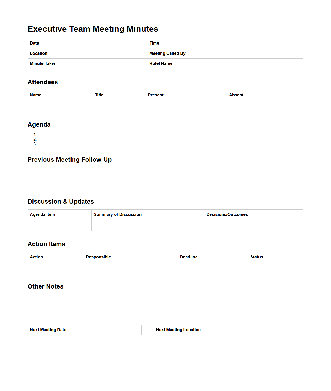 Executive Team Meeting Minutes Template for Hotel Management