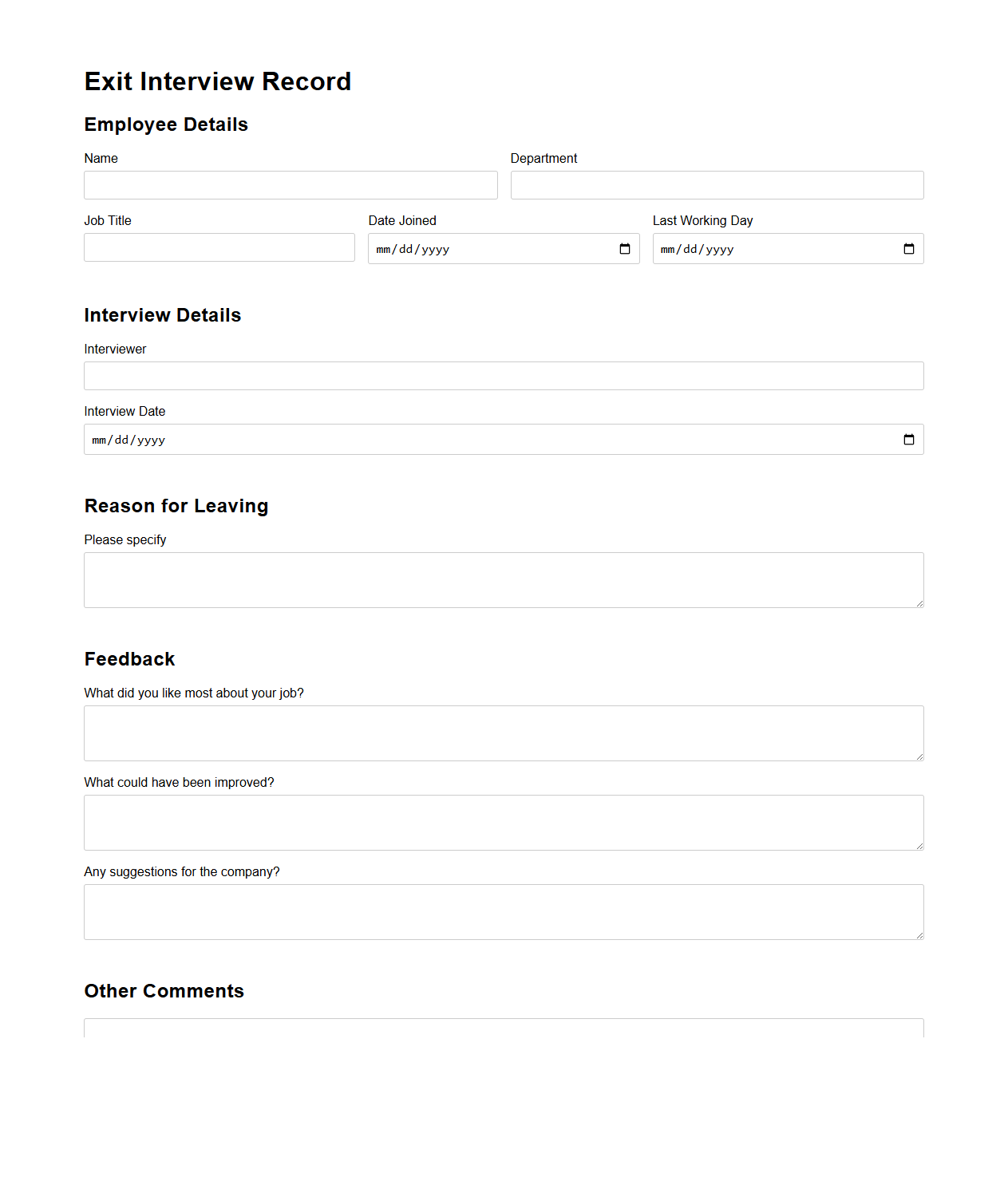 Exit Interview Record for Leaving Employee