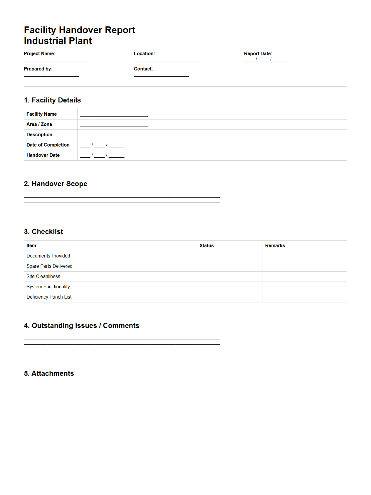 Facility Handover Report for Industrial Plants