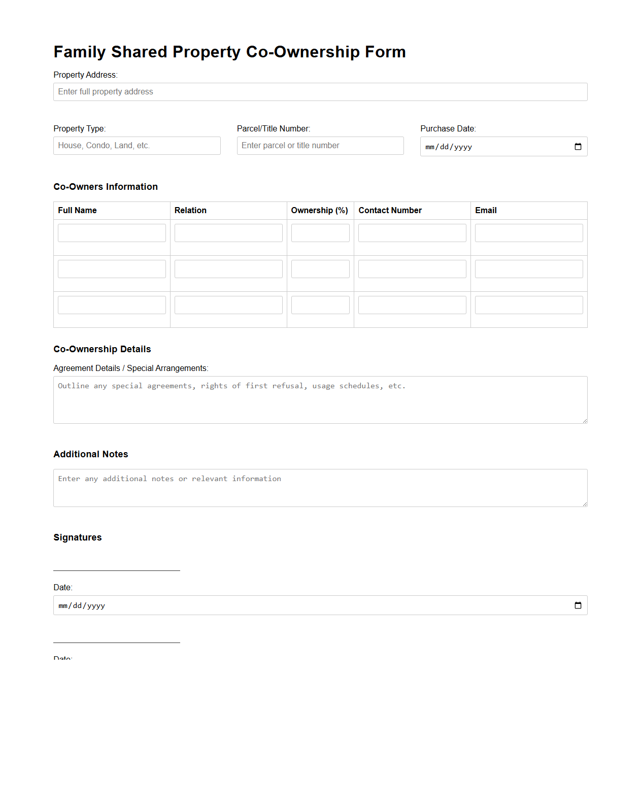 Family Shared Property Co-Ownership Form