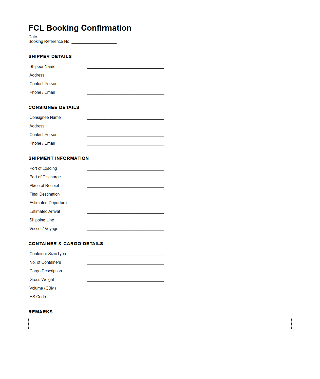 FCL (Full Container Load) Booking Confirmation Sample