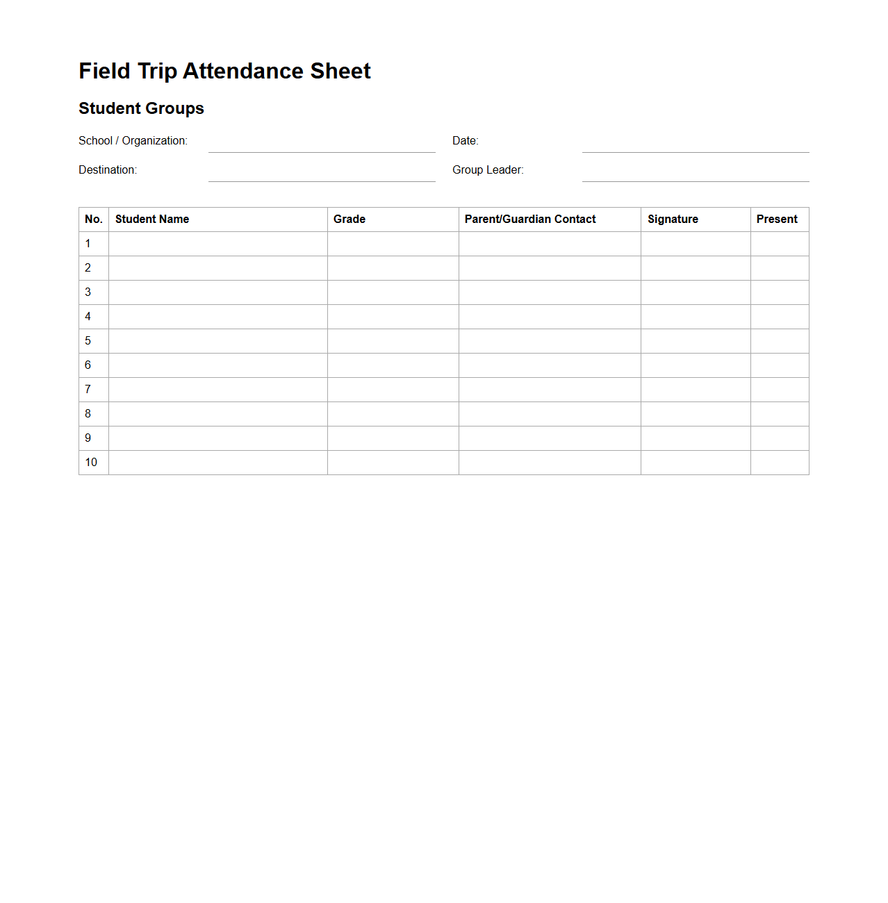 Field Trip Attendance Sheet for Student Groups