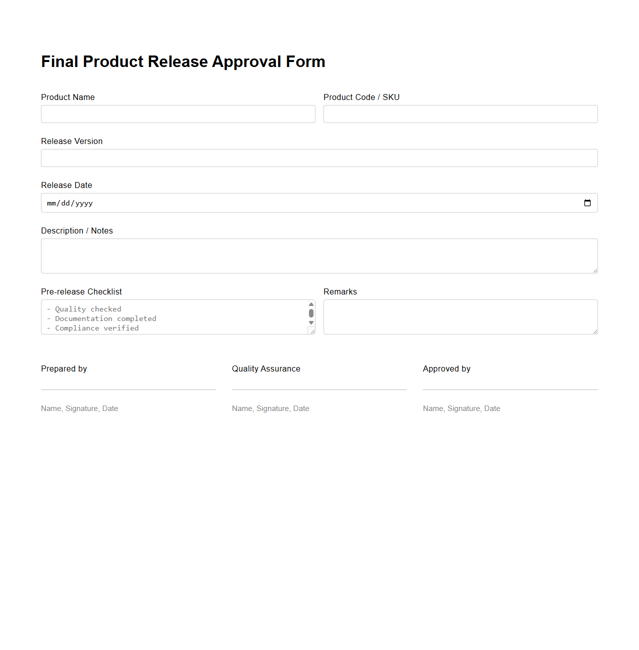 Final Product Release Approval Form