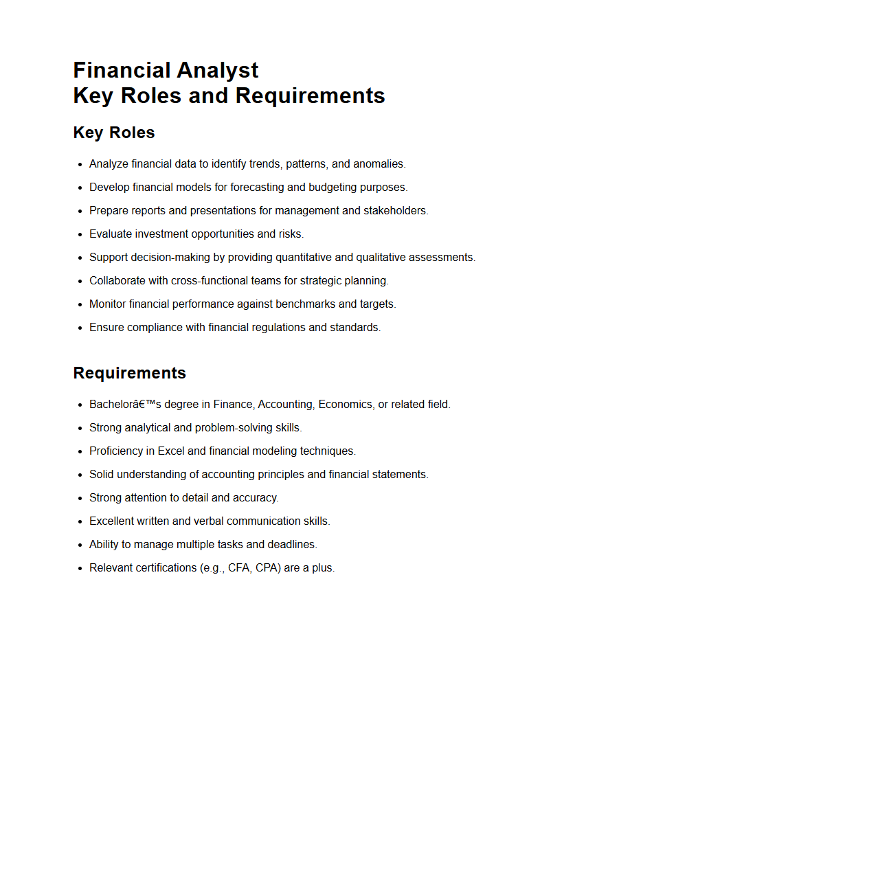 Financial Analyst Key Roles and Requirements