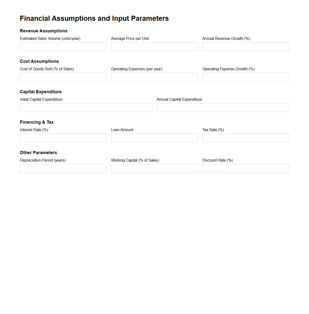 Financial Assumptions and Input Parameters Form
