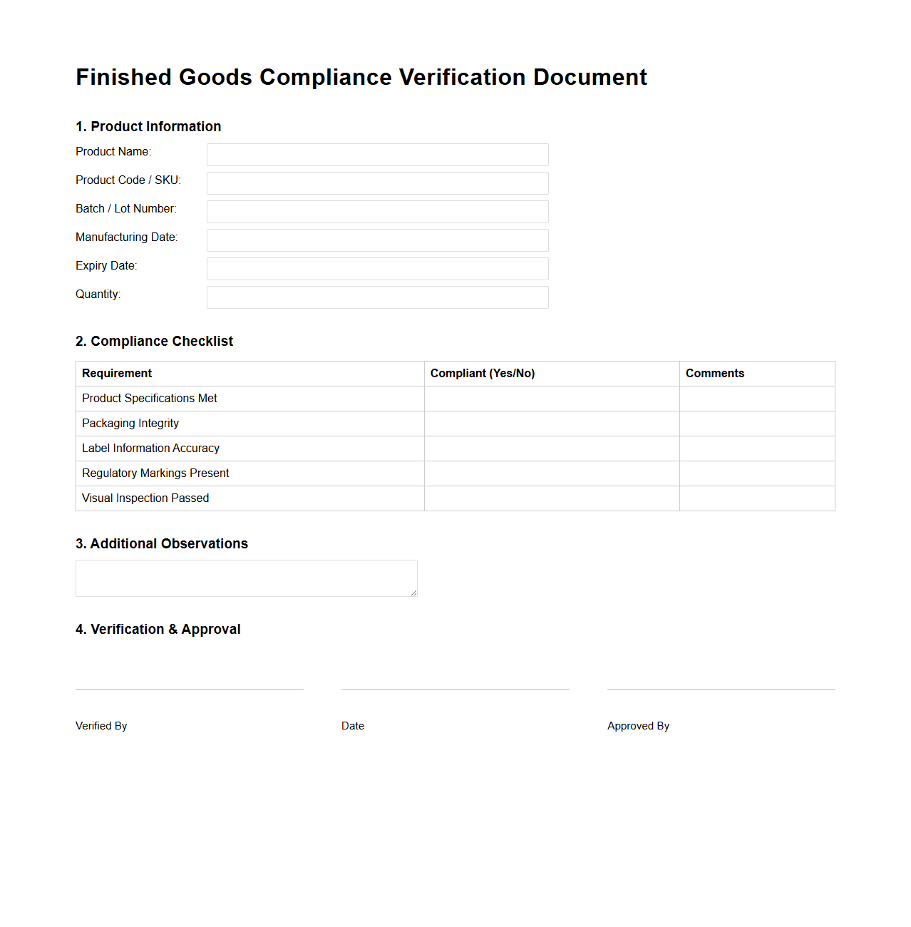 Finished Goods Compliance Verification Document