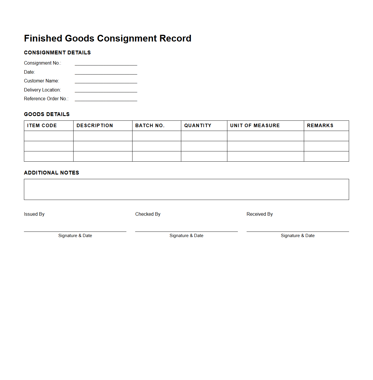 Finished Goods Consignment Record Example