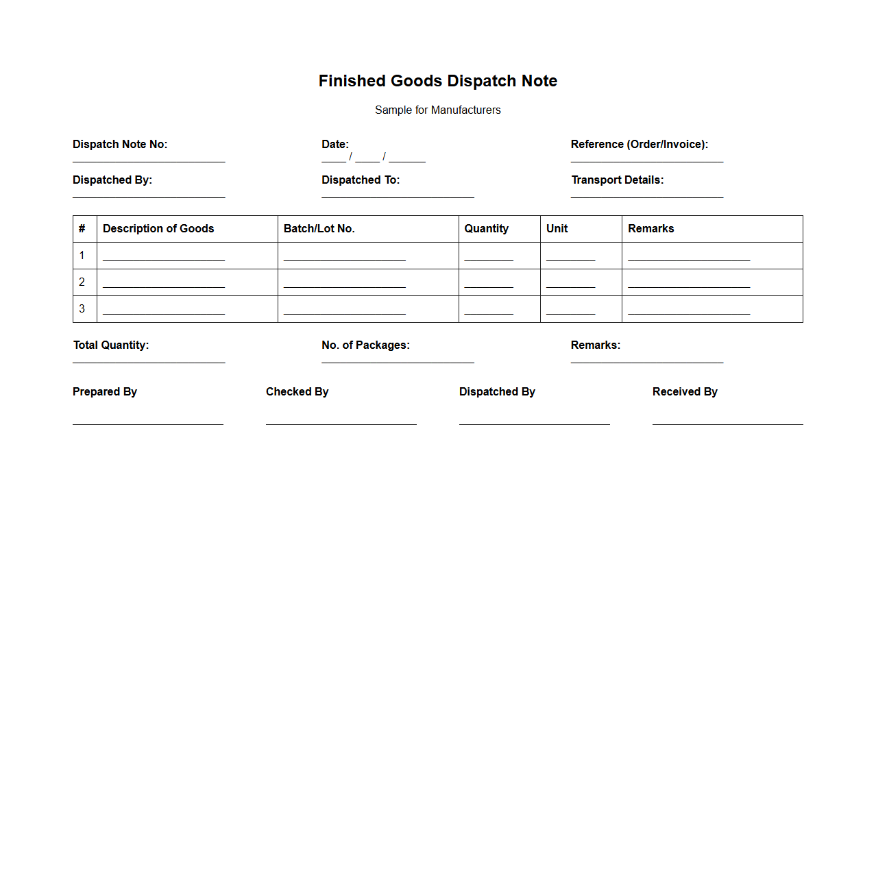 Finished Goods Dispatch Note Sample for Manufacturers