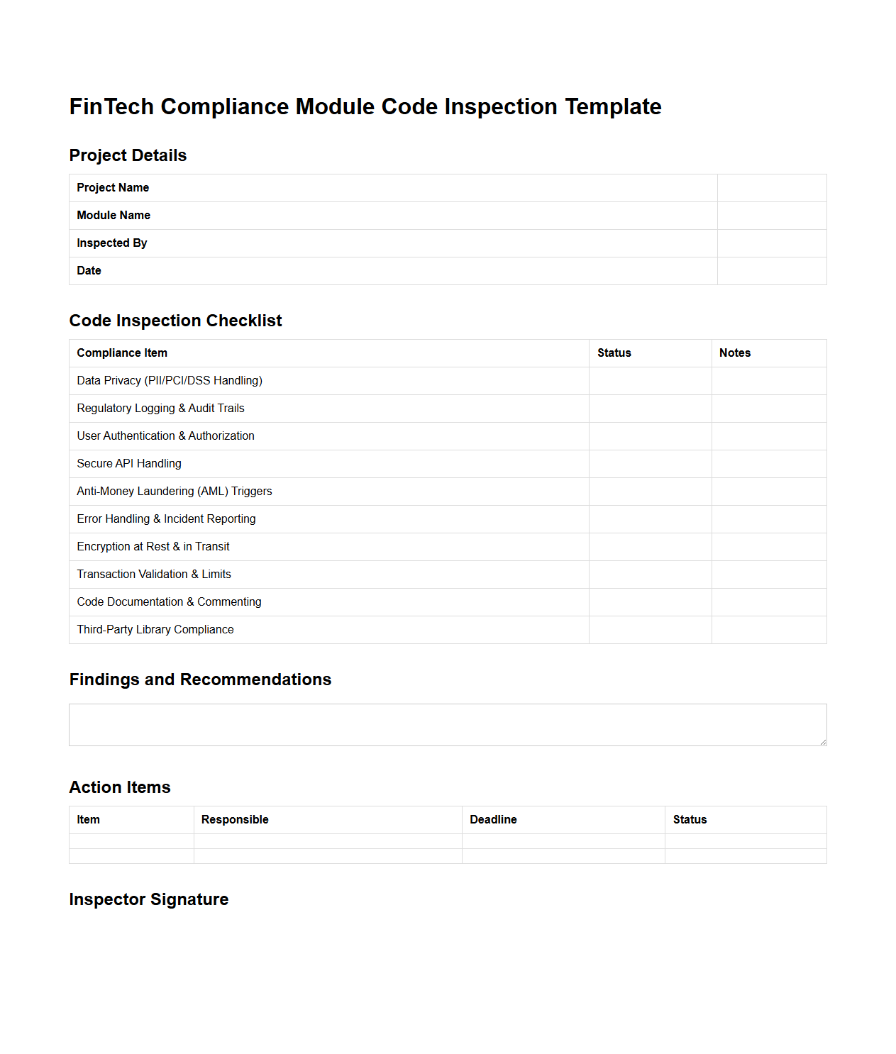 FinTech Compliance Module Code Inspection Template