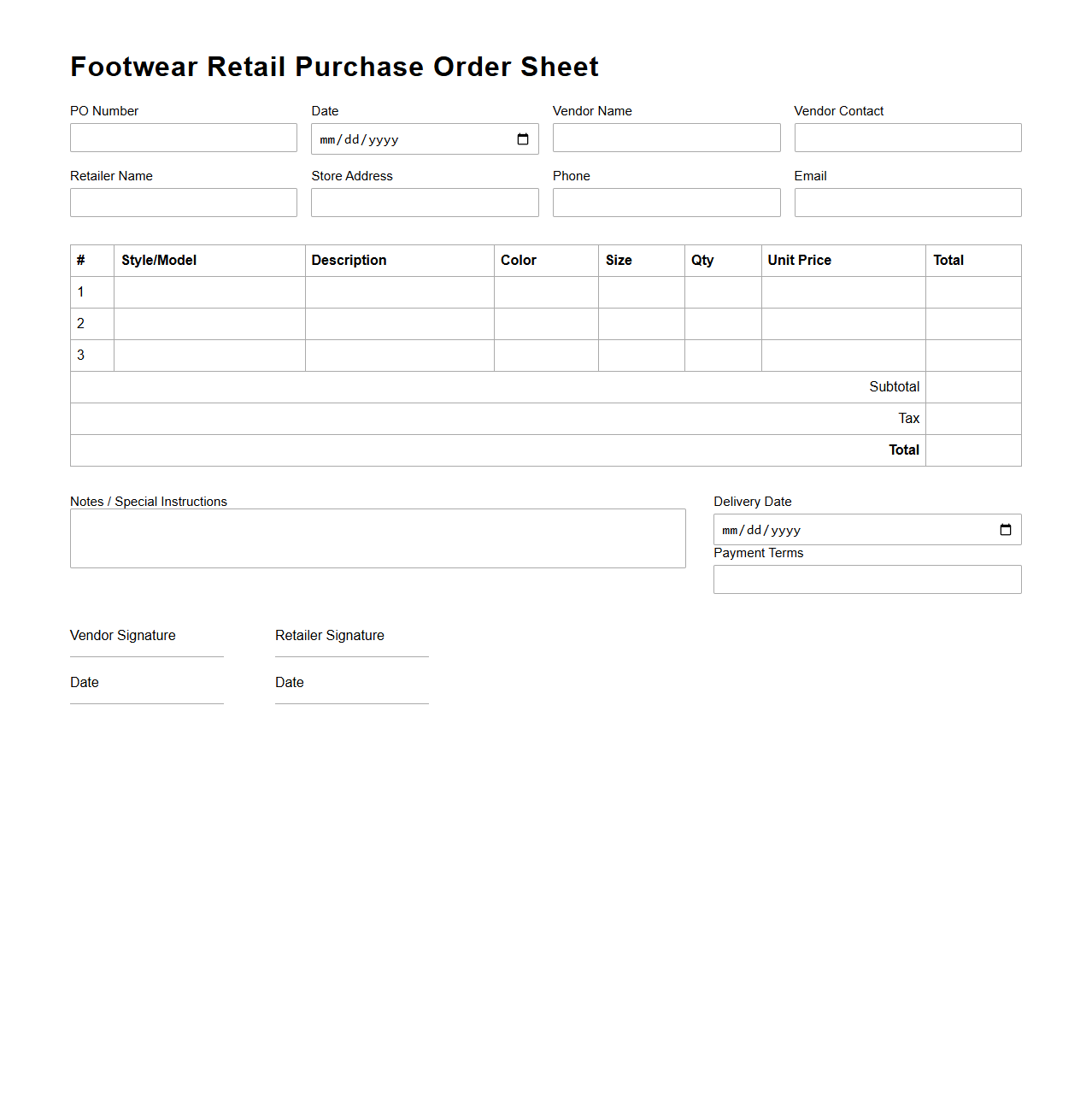 Footwear Retail Purchase Order Sheet