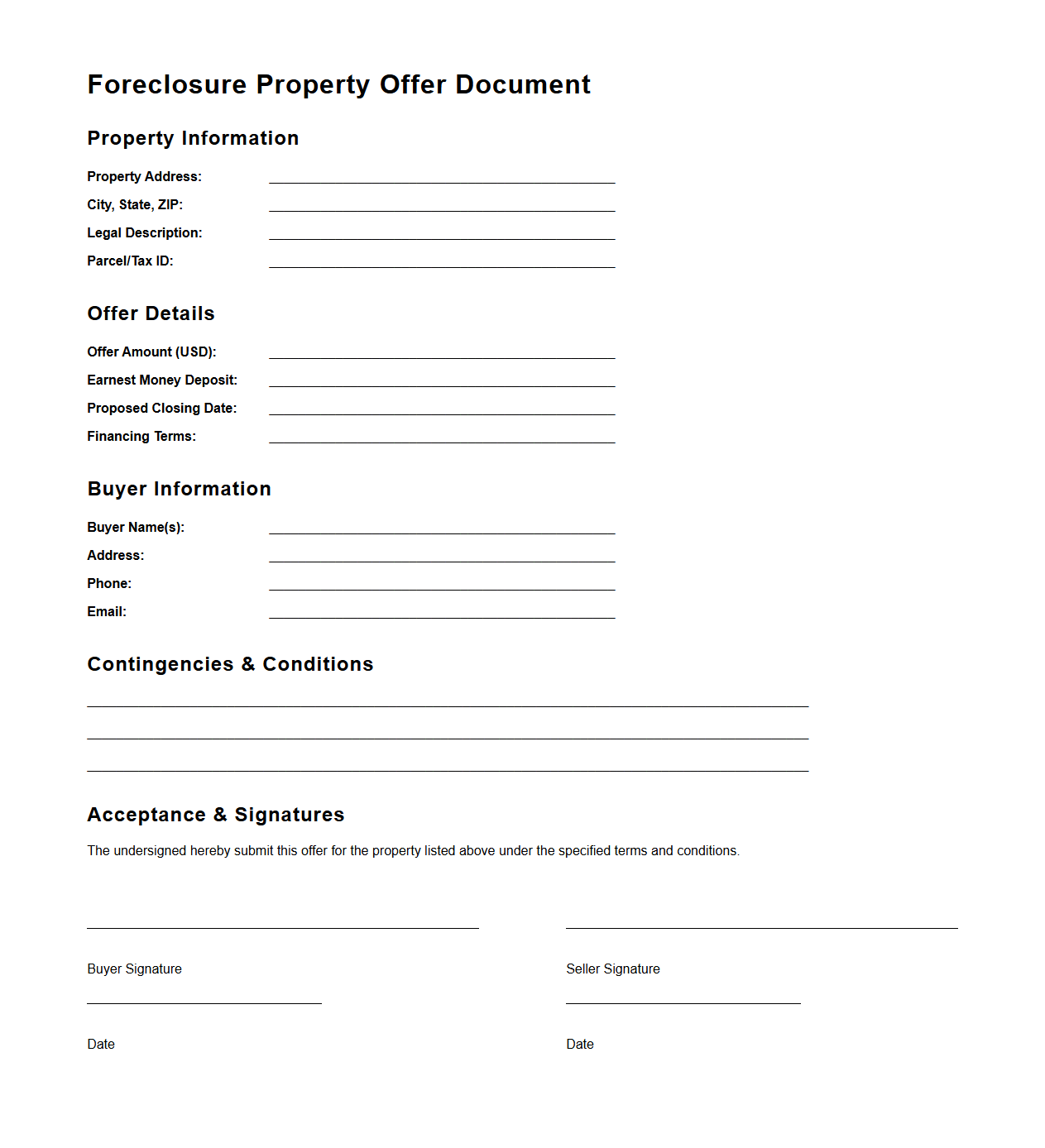 Foreclosure Property Offer Document Template