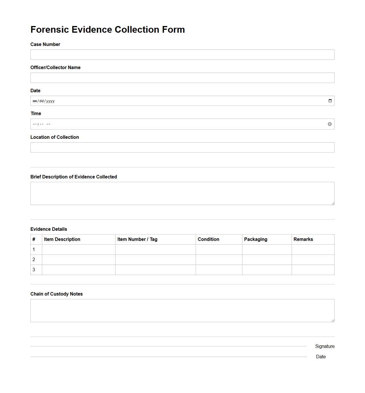 Forensic Evidence Collection Form