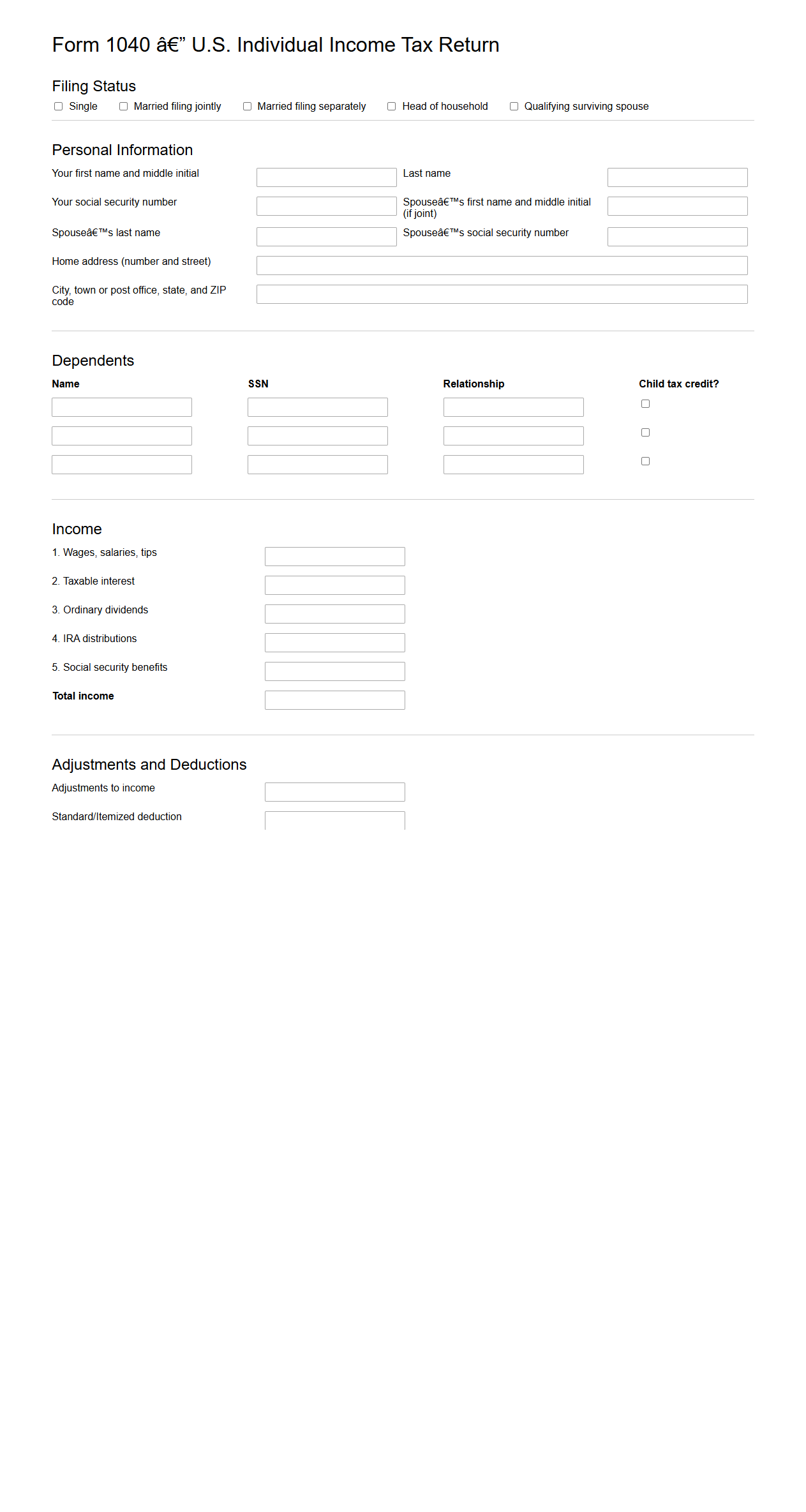Form 1040 Example for Individual Taxpayer