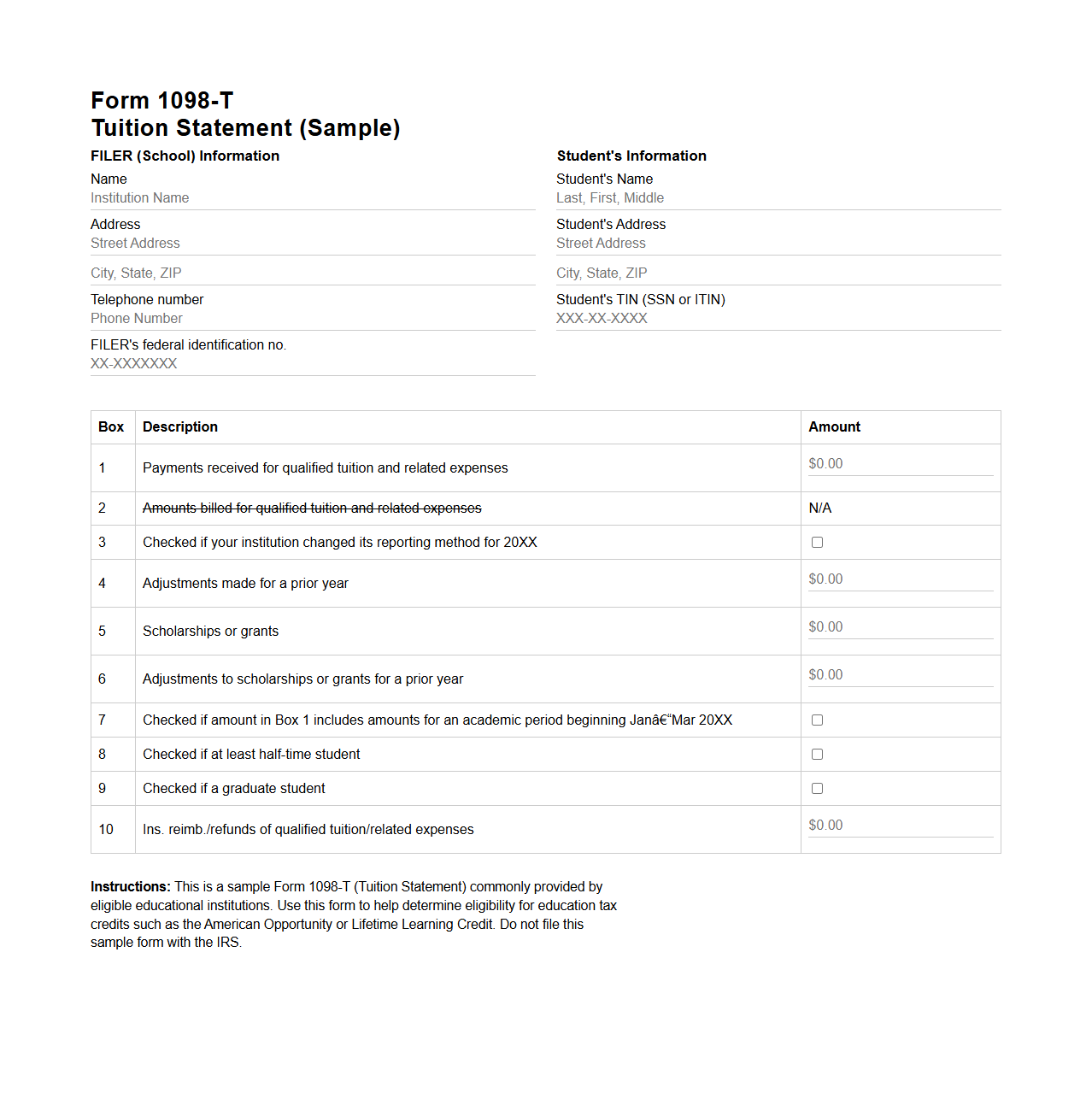 Form 1098-T Sample for Education Tax Credit