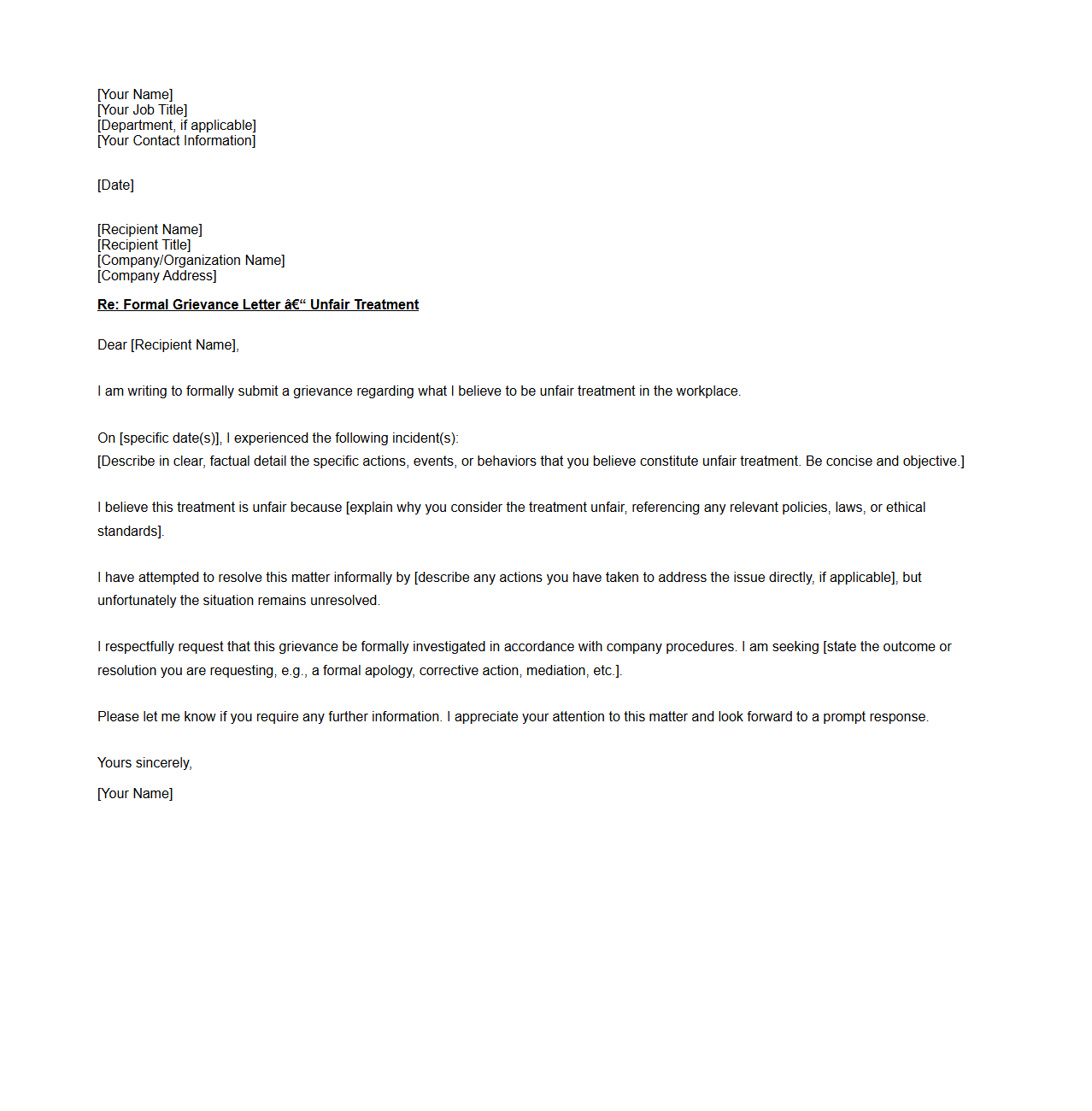 Formal Grievance Letter for Unfair Treatment