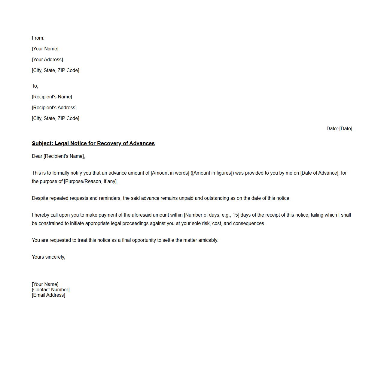 Formal Legal Notice for Recovery of Advances