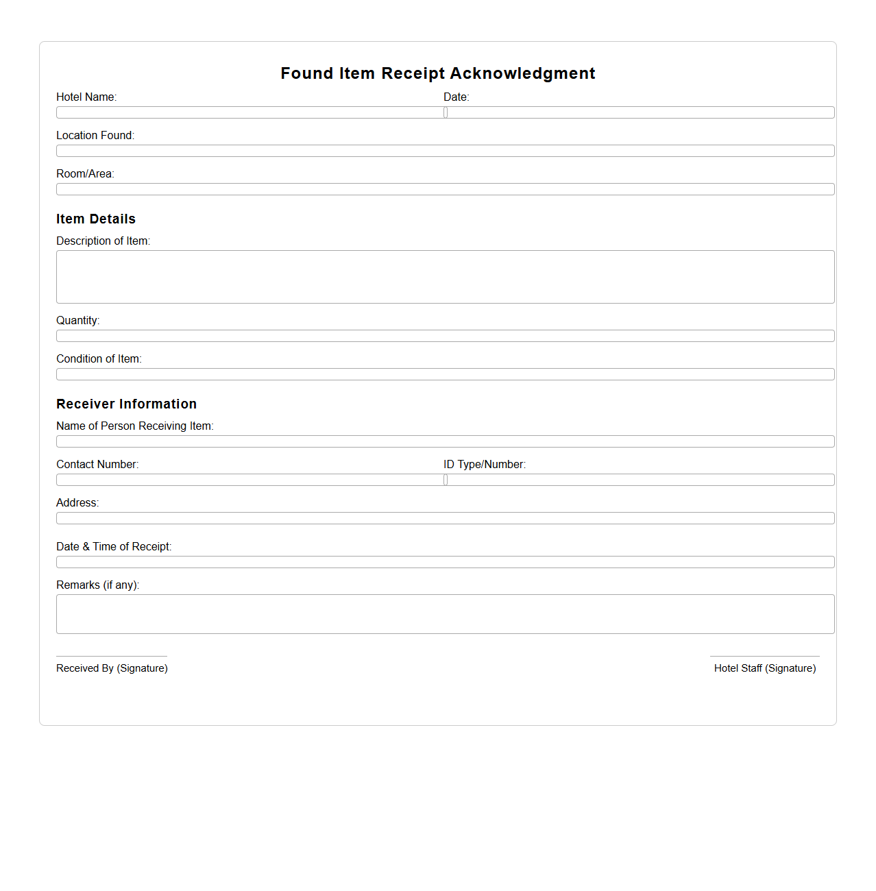 Found Item Receipt Acknowledgment Template for Hotels