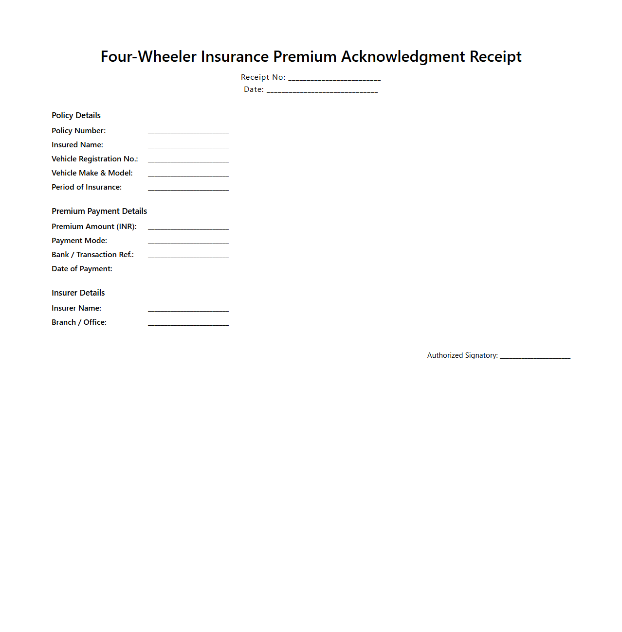 Four-Wheeler Insurance Premium Acknowledgment Receipt