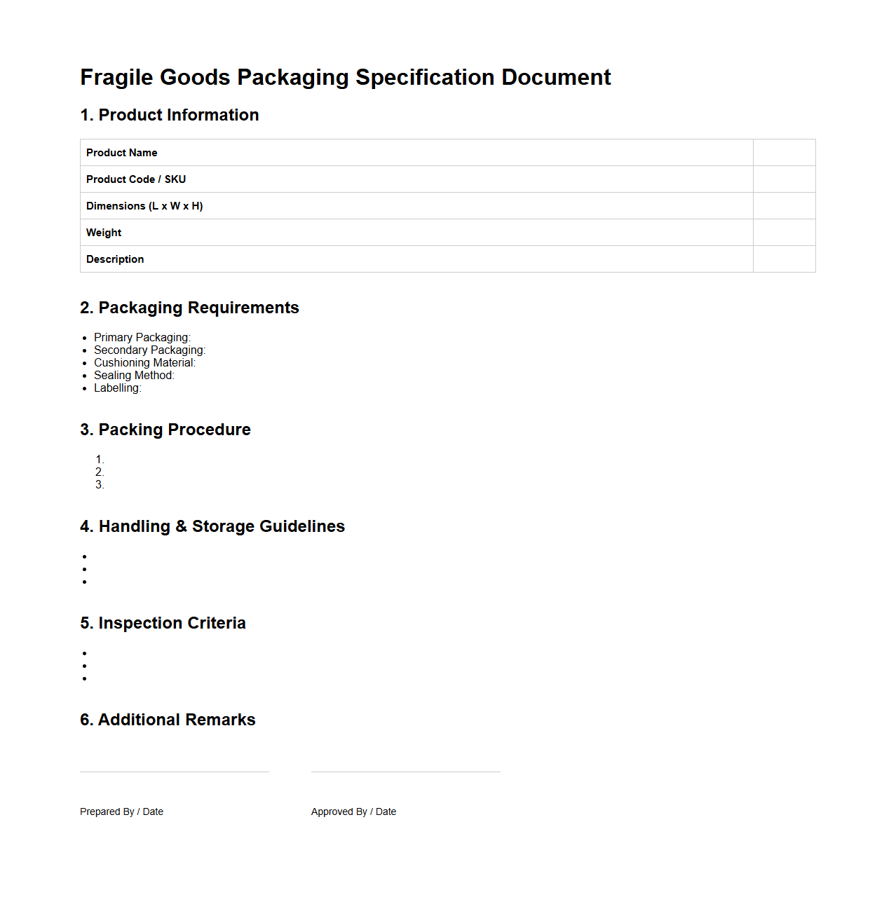 Fragile Goods Packaging Specification Document Sample