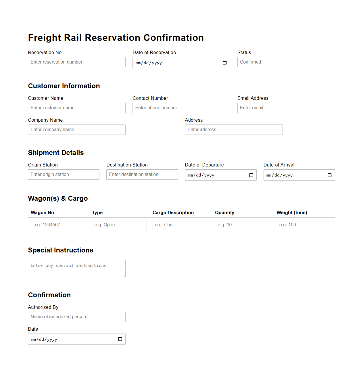 Freight Rail Reservation Confirmation Form Example