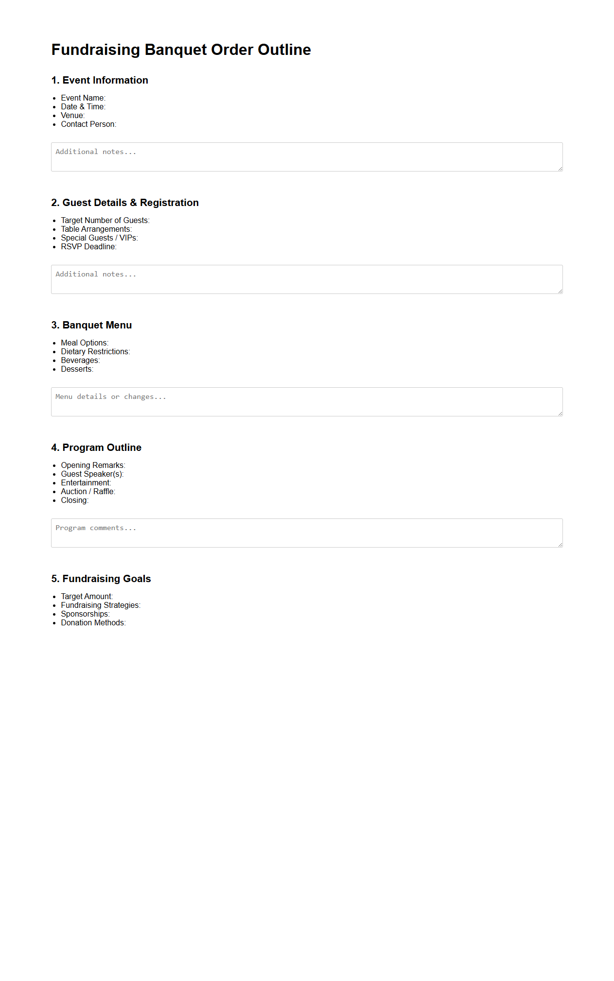 Fundraising Banquet Order Outline