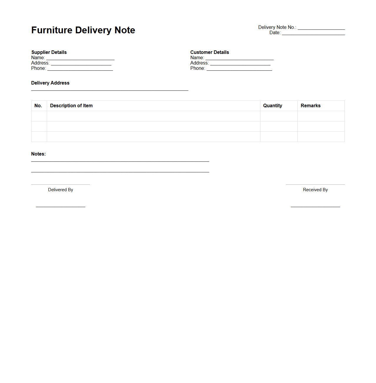 Furniture Delivery Note Layout